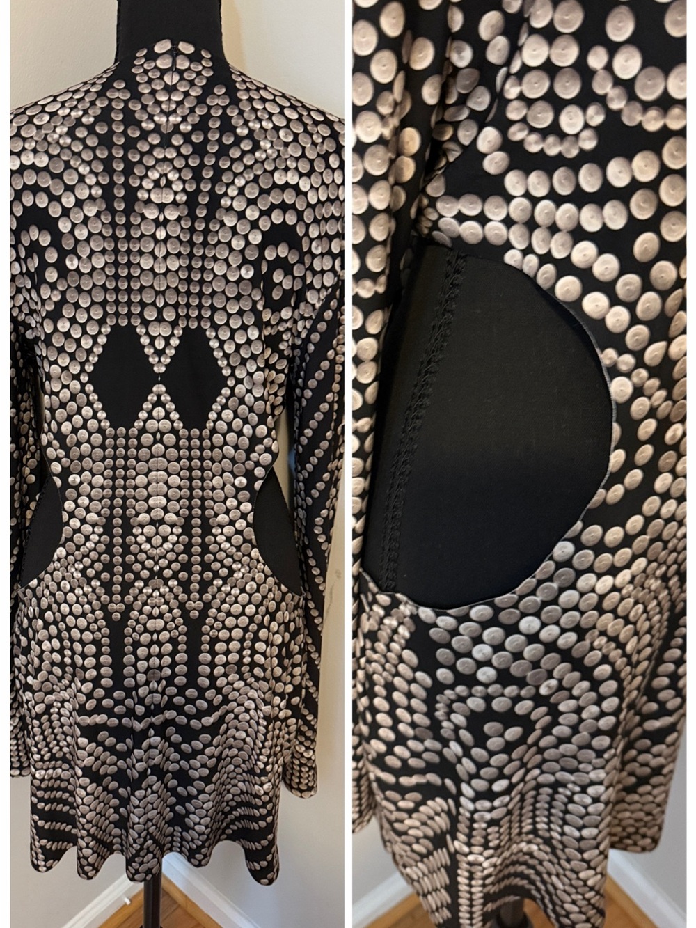 Norma Kamali Black Mini Dress with Silver Dot Print